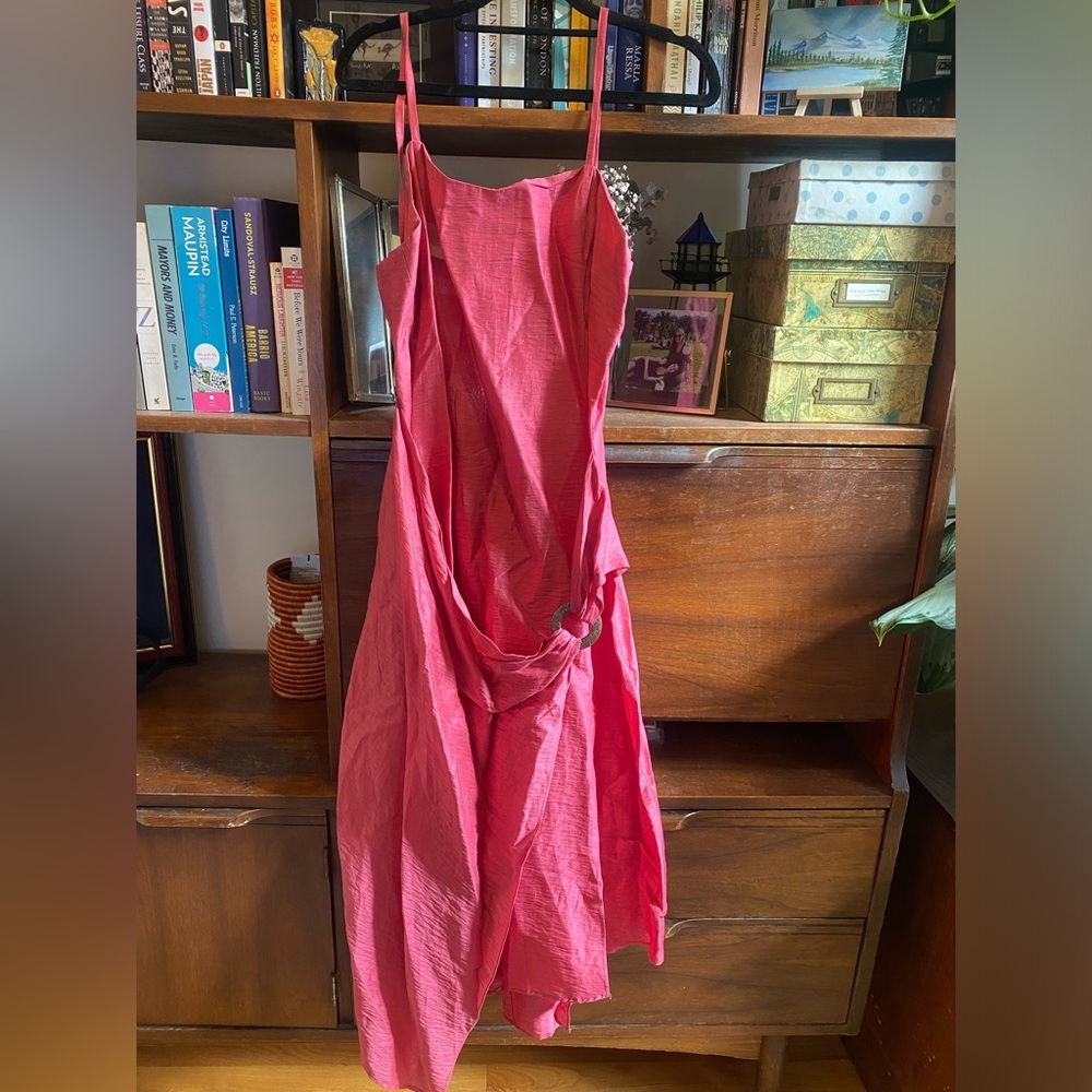 Zapa pink linen midi dress with cross detailing from France